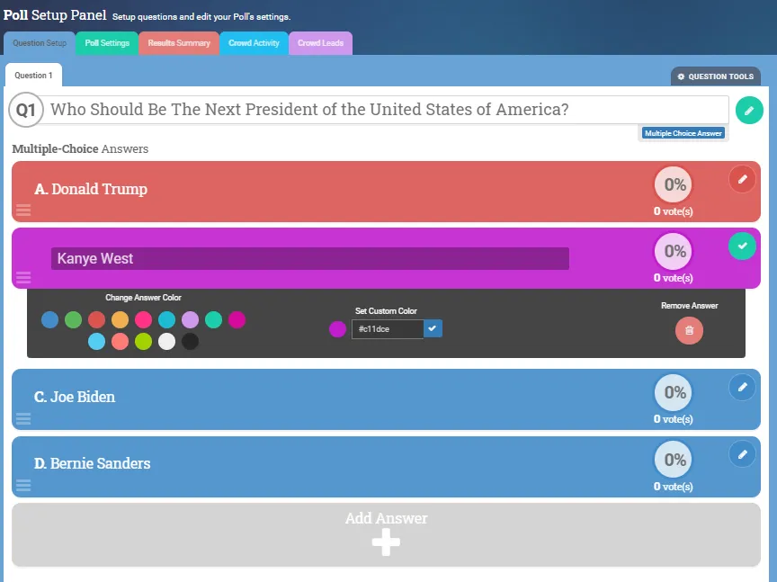 The Experience Dashboard displays answer options that have been added to the poll.