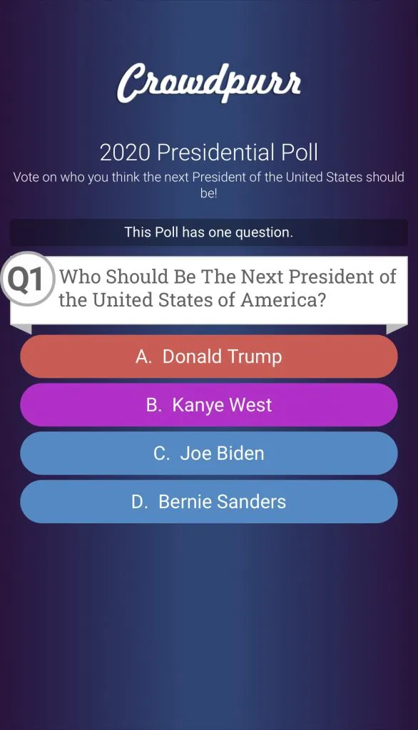 Crowdpurr's Mobile View as seen on participant devices displays the various voting options of the poll.