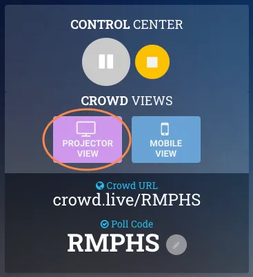 The Experience Dashboard's Control Center shows the Projector View and Mobile View buttons. The Projector View button is circled.