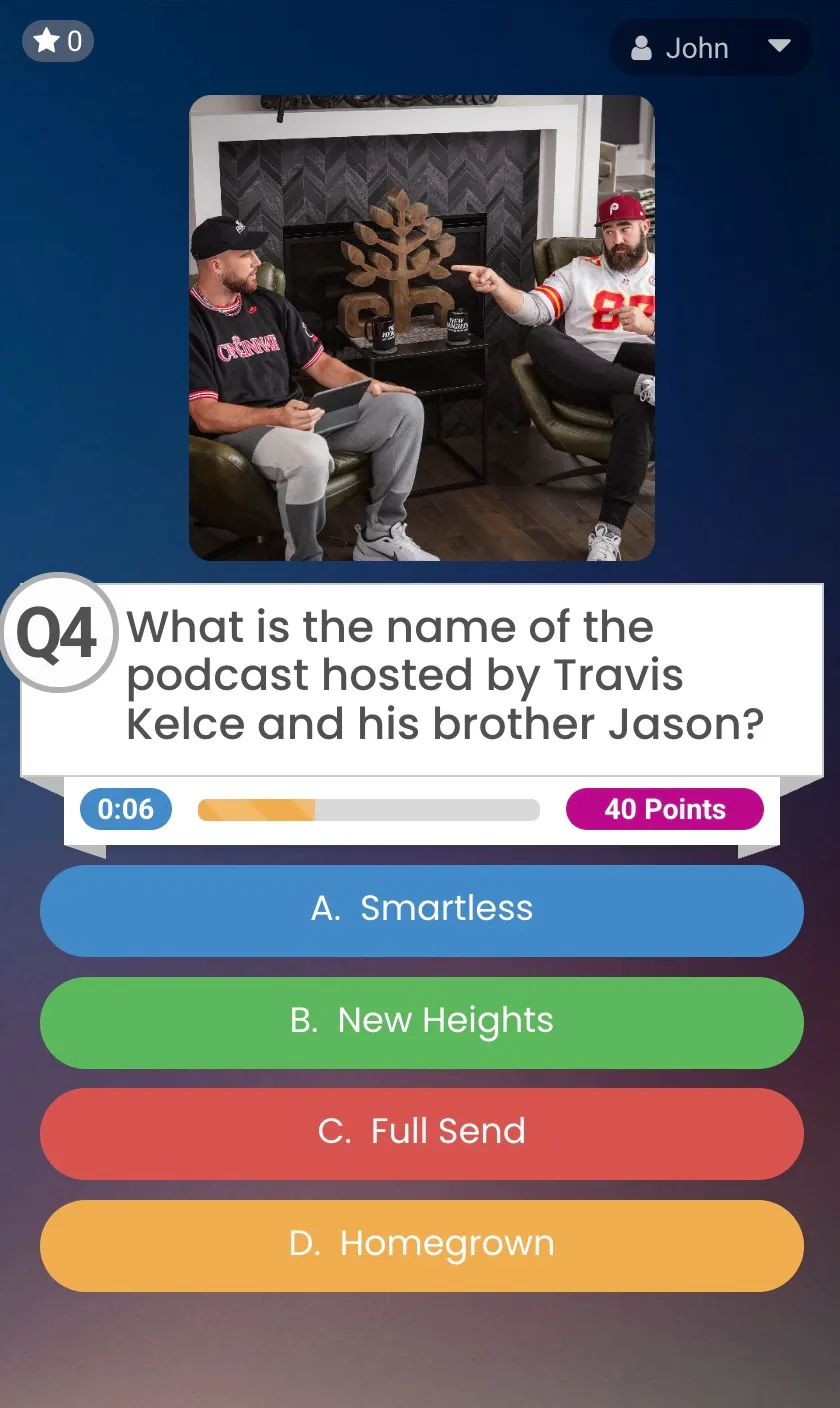 Crowdpurr's Participant View shows a trivia question about Travis Kelce.