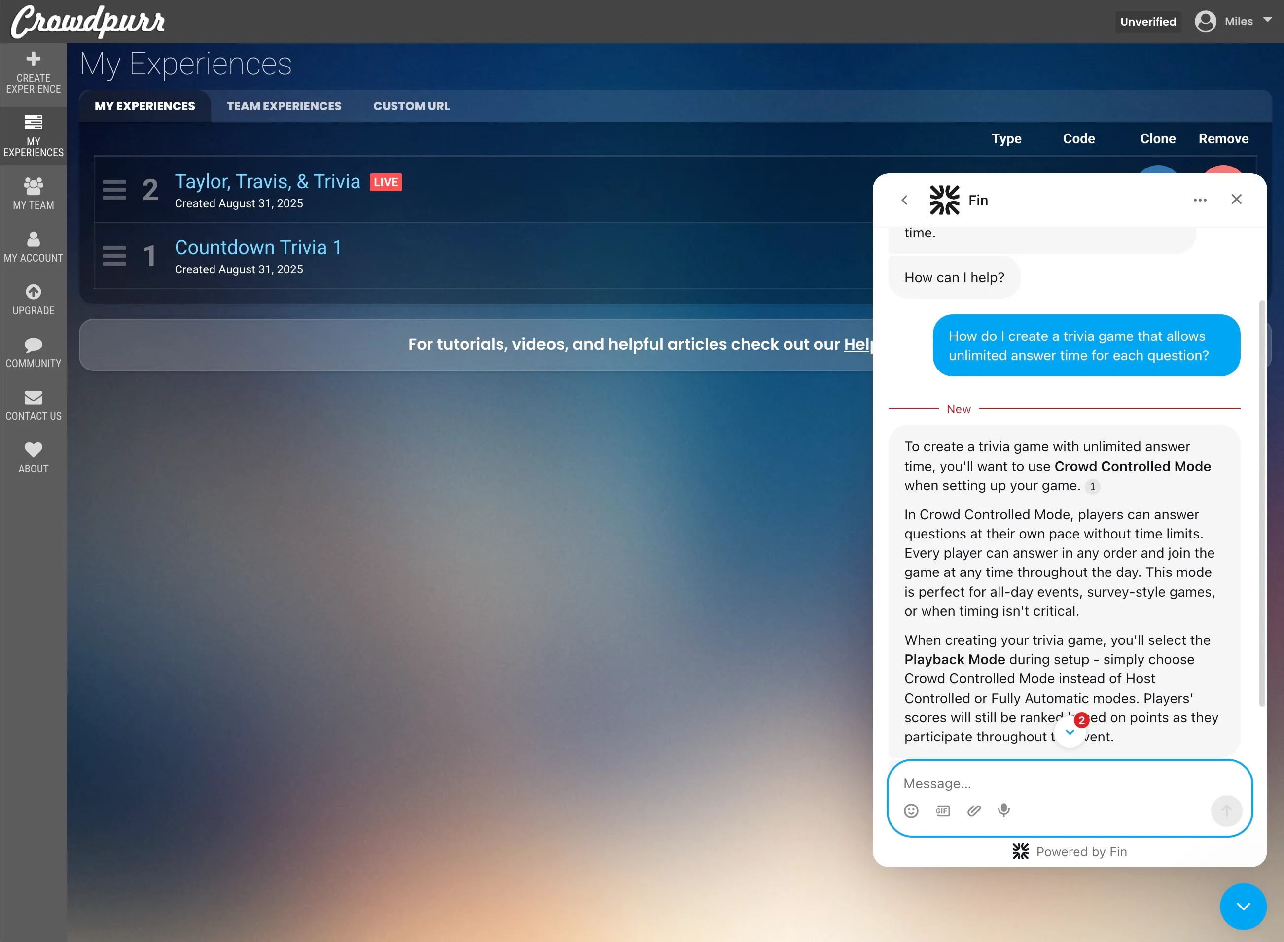Crowdpurr's "My Experiences" list shows two trivia games and lower-right pop window with a Customer Support chat dialog.