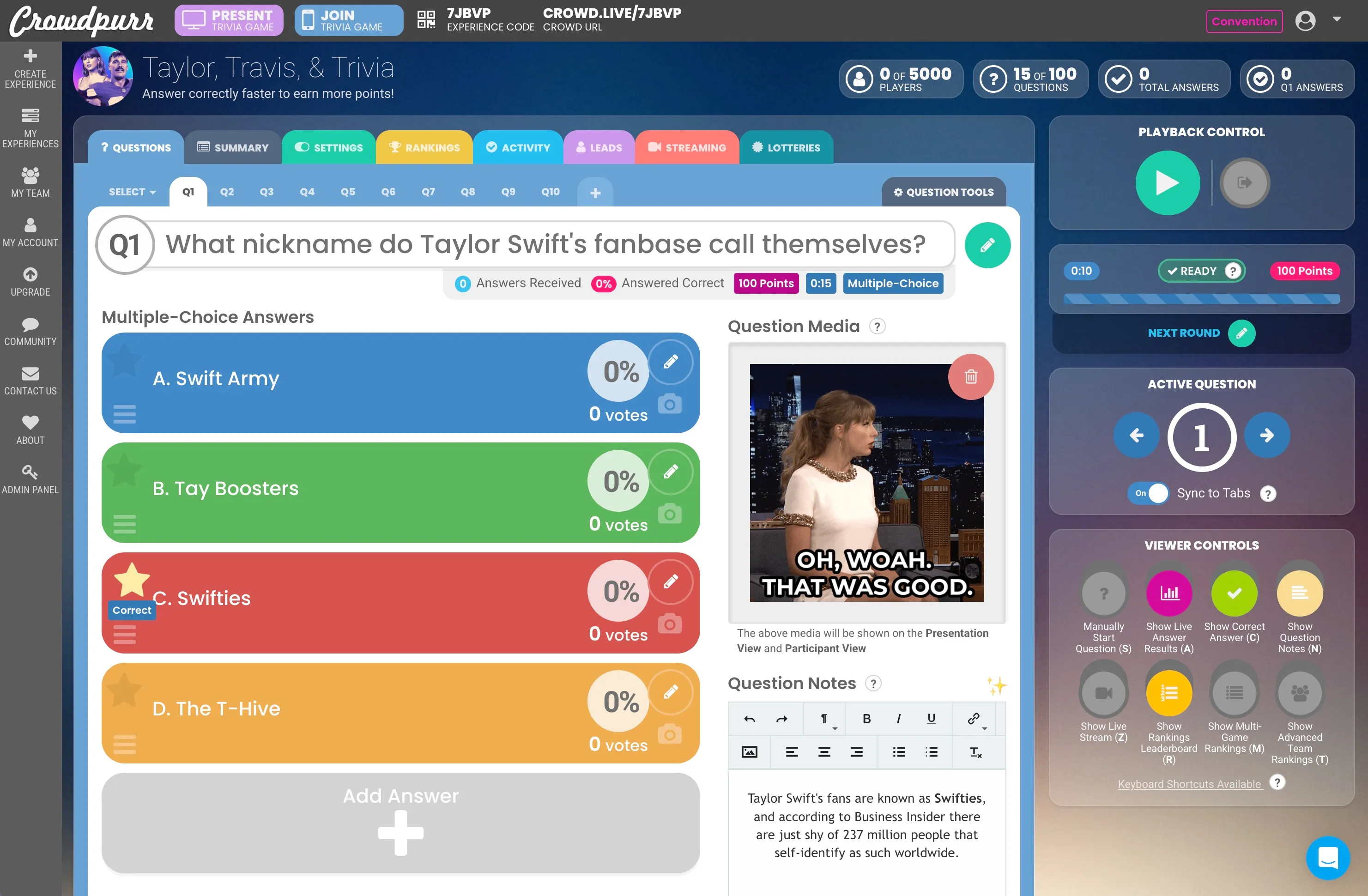 Crowdpurr's redesigned Experience Dashboard shows a Crowdpurr Trivia Library game called "Taylor, Travis, and Trivia"