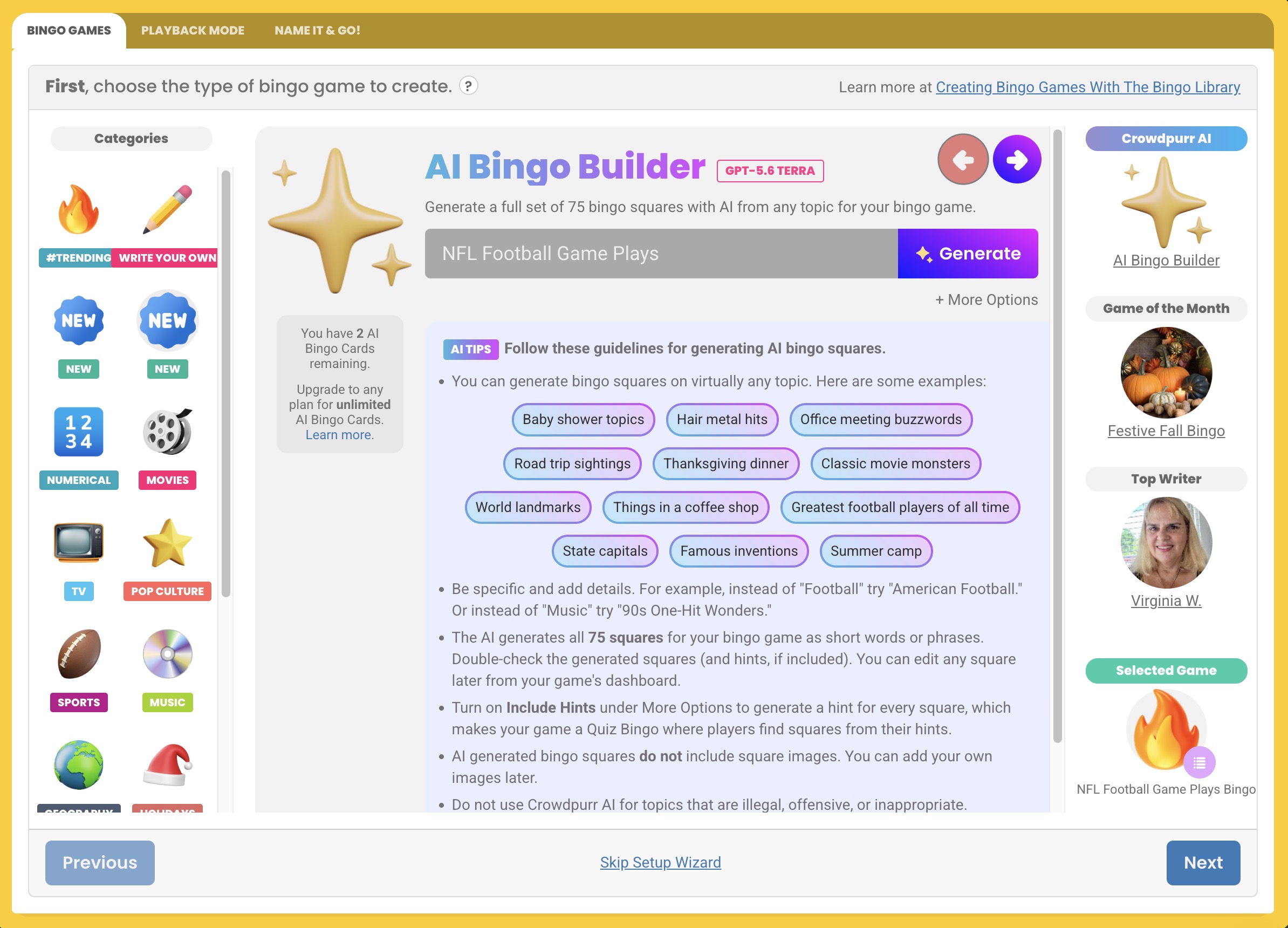 Crowdpurr's AI Bingo Builder showing an input that says "NFL Football Game Plays" and the user preparing to generate an AI bingo game