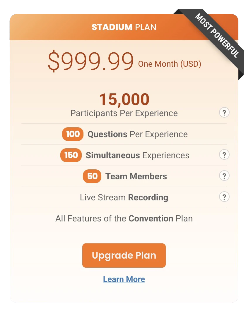 Crowdpurr's Stadium Plan price sheet that says "$999.99 One Month"