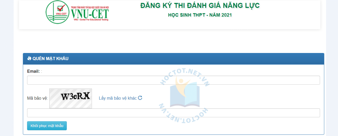 khôi phục mật khẩu tài khoản thi đánh giá năng lực 2022