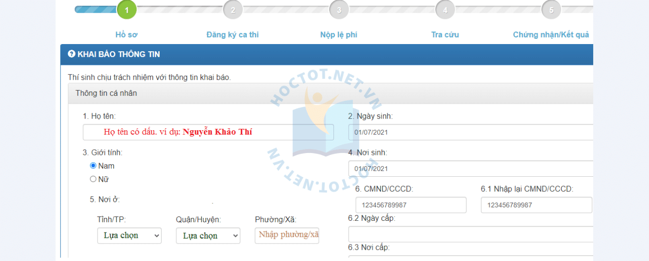 nhập thông tin hồ sơ trên tài khoản thi đánh giá năng lực