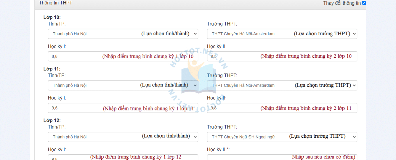 nhập điểm trung bình trong thông tin tài khoản thi đánh giá năng lực