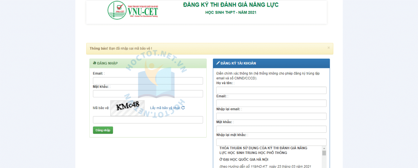 thông báo nhập sai thông tin khi đăng ký tài khoản thi đánh giá năng lực 2022