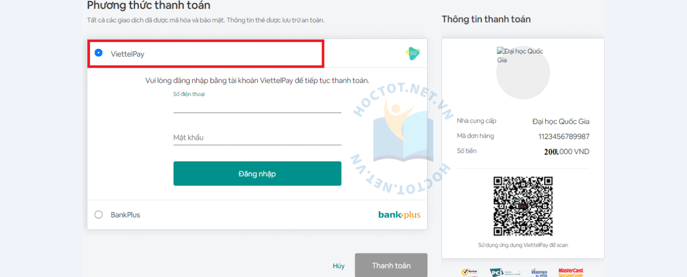 thanh toán phí đăng ký thi đánh giá năng lực đại học quốc gia hà nội bằng viettelpay