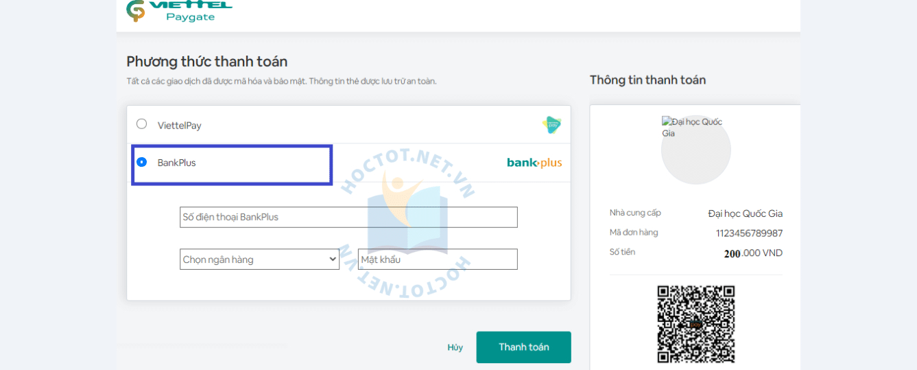 thanh toán phí đăng ký thi đánh giá năng lực đại học quốc gia hà nội bằng Bankplus
