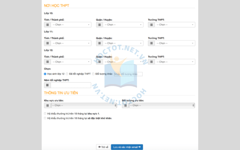 Thí sinh nhập thông tin nơi học và điểm ưu tiên nếu có