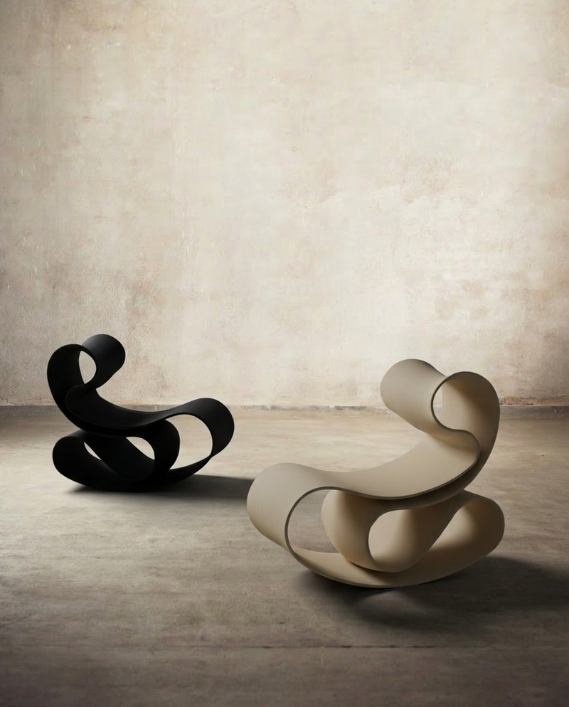 Evolve rocking chair  in wood — 3D printed 3D printed i 100% recycable biocomposite by Reform Design Lab