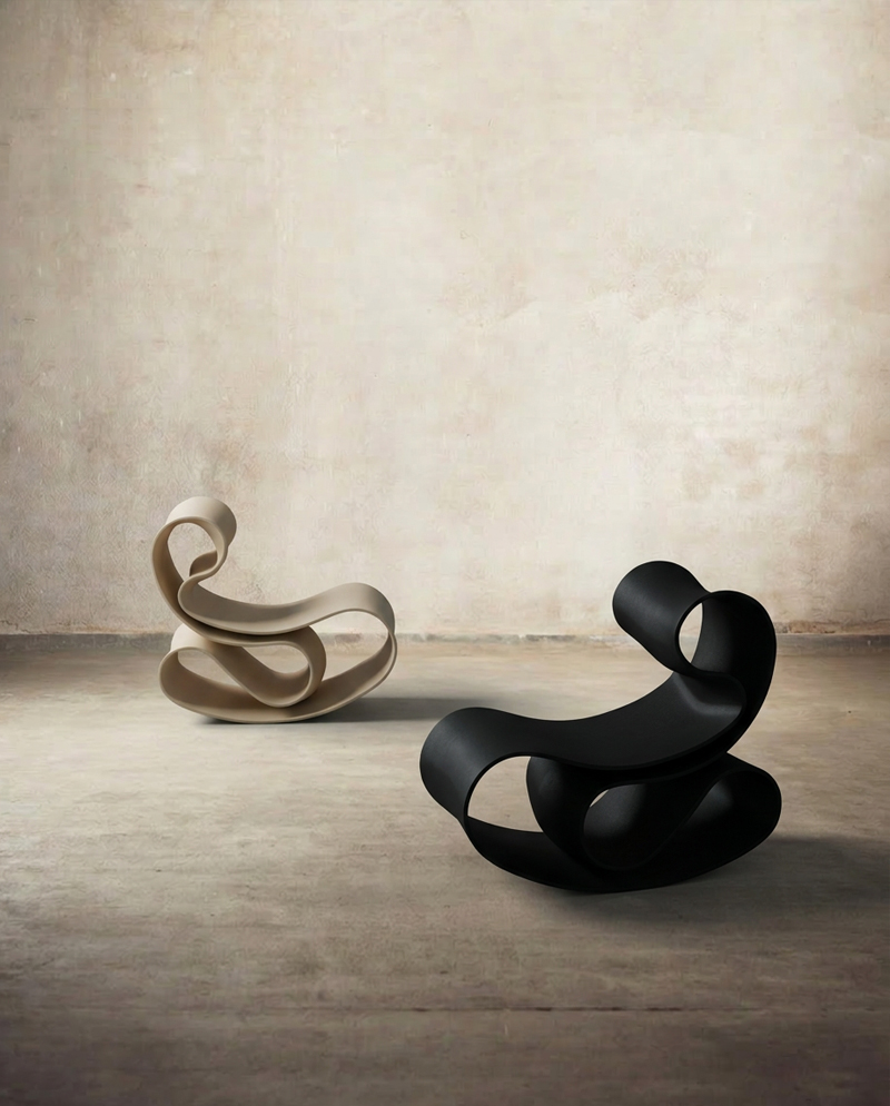 Evolve rocking chair  in black — 3D printed i 100% recyclable biocomposite chair by Reform Design Lab
