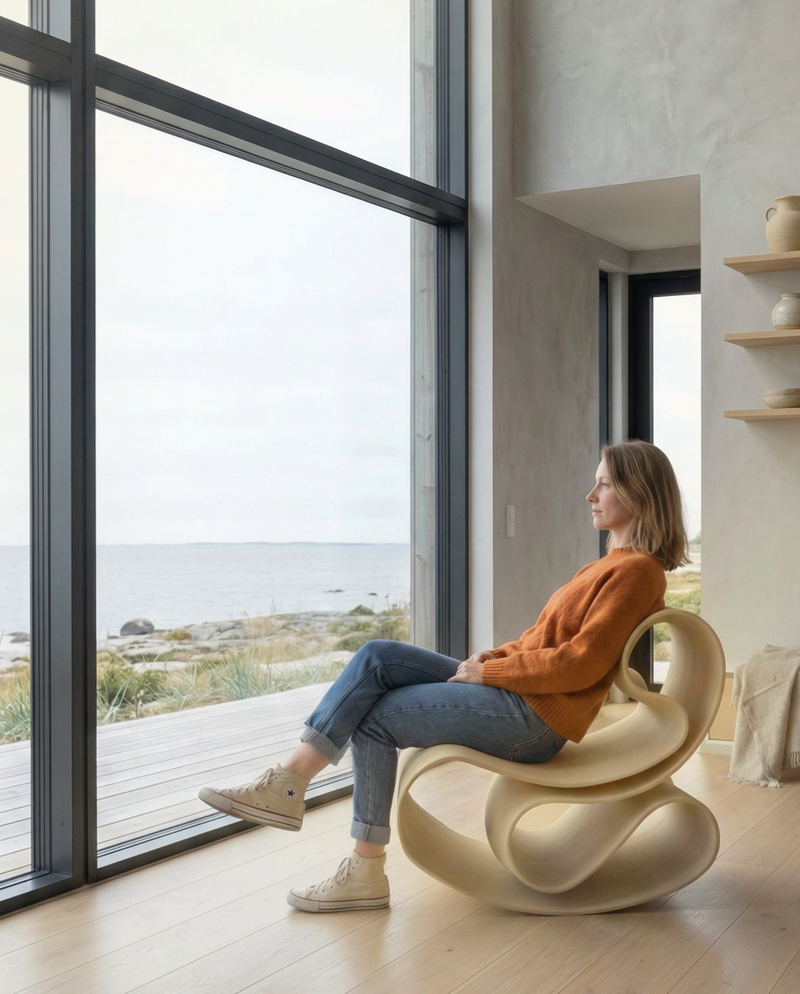Evolve rocking chair  in wood — 3D printed 3D printed i 100% recycable biocomposite by Reform Design Lab