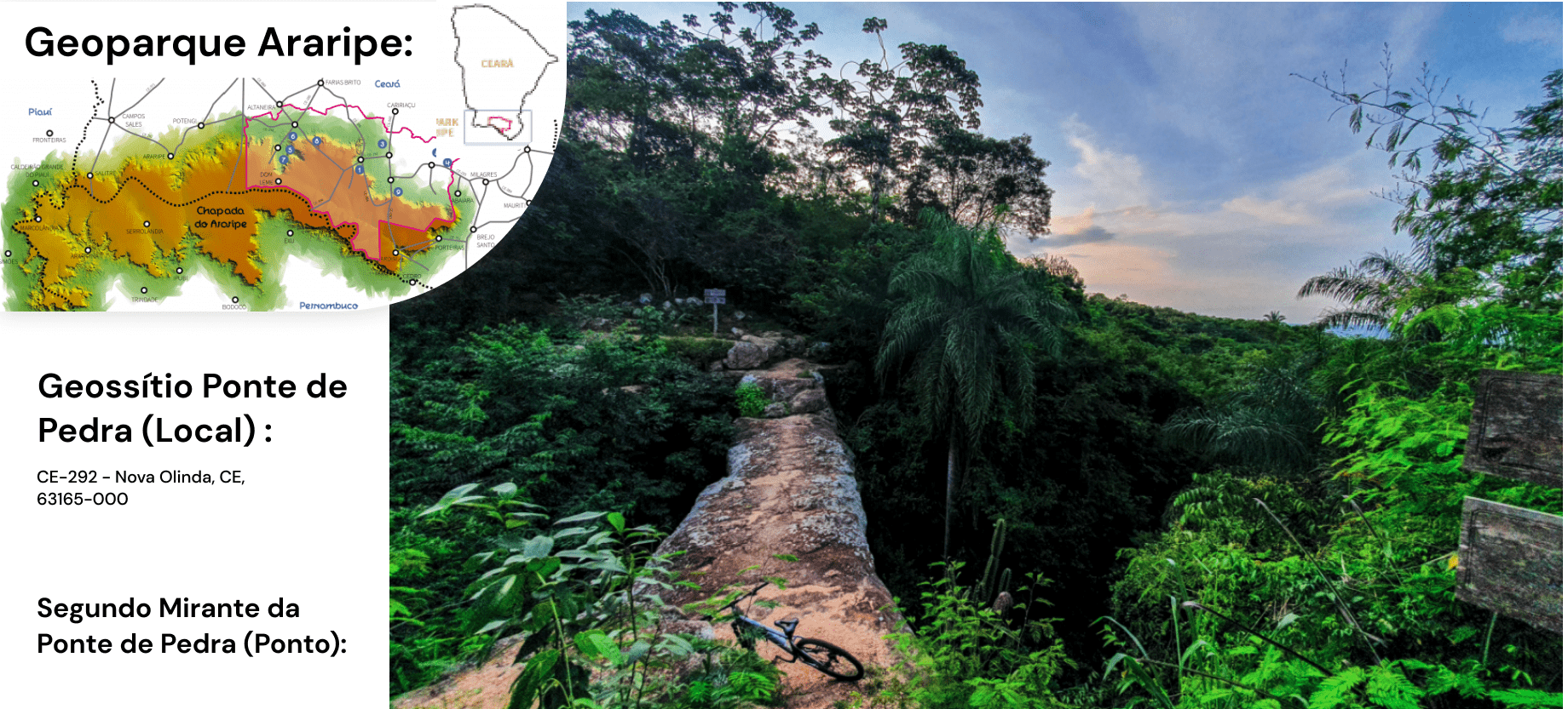 Mapa do Geoparque Araripe e foto do Geossítio Ponte de Pedra