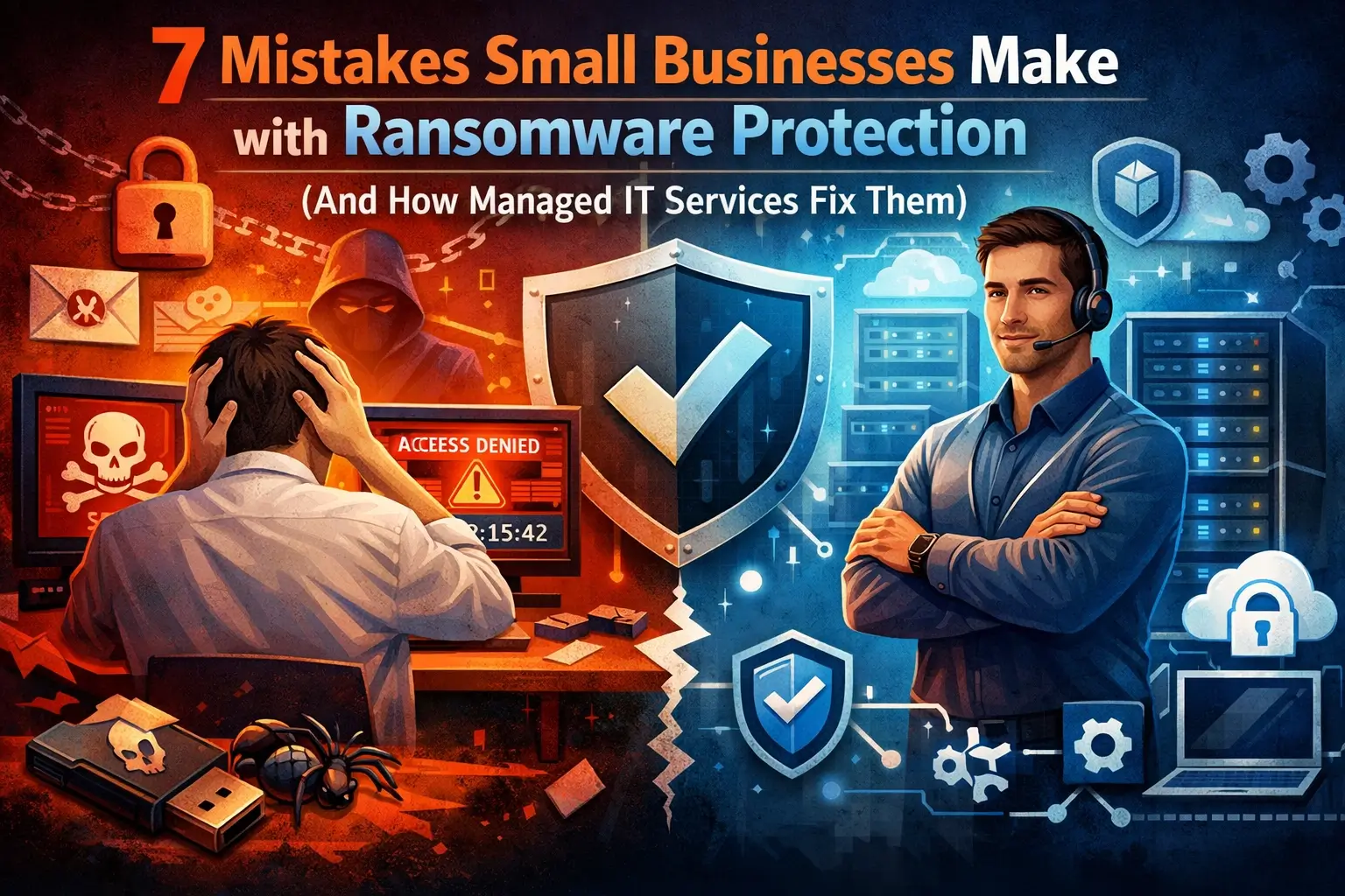 An illustration showing a worried person at a computer with a ransomware alert and an IT professional standing confidently.