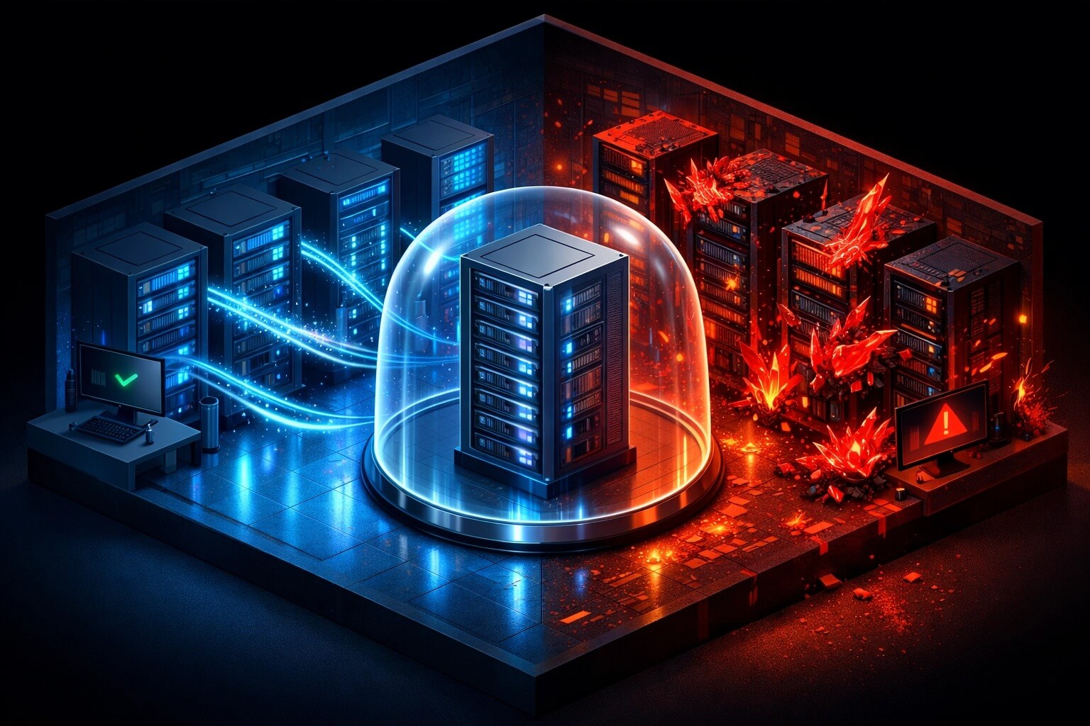 A server protected by a glass dome separates secure blue servers from red compromised servers with warning signs.