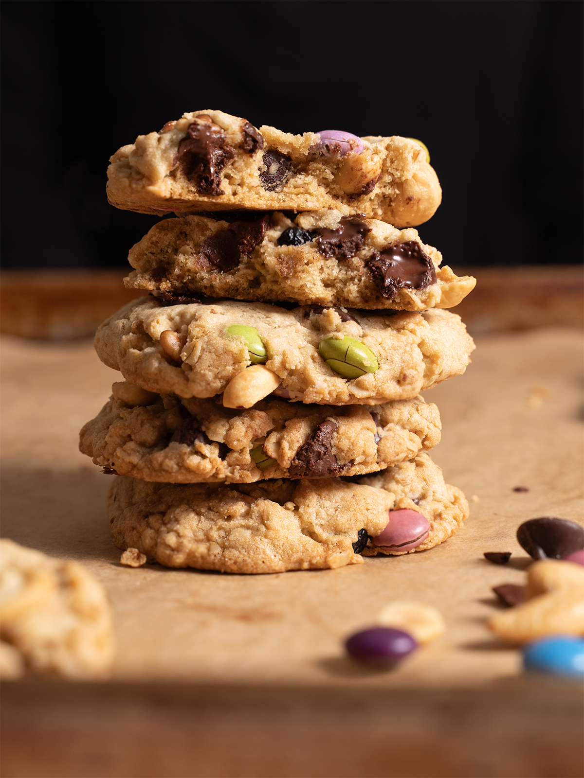 Trail mix cookies, stacked on top of each other