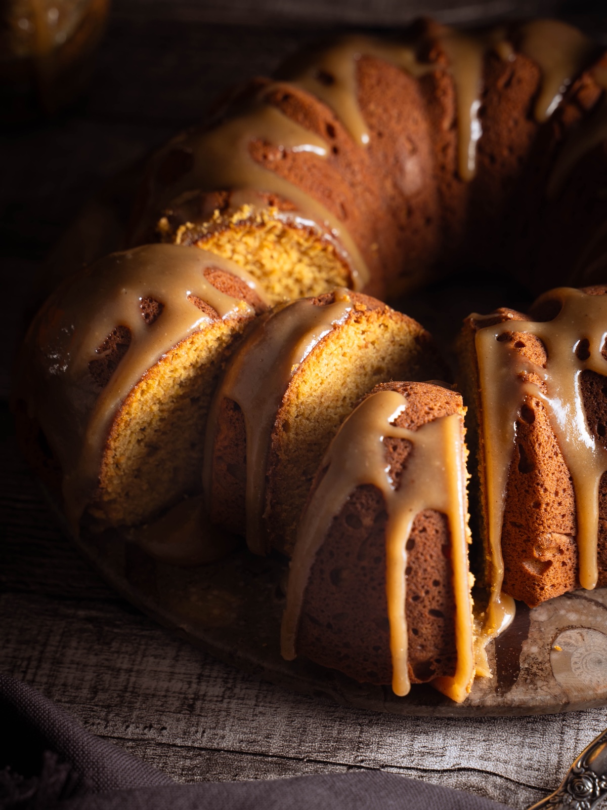 A butternut squash bundt cake in slices