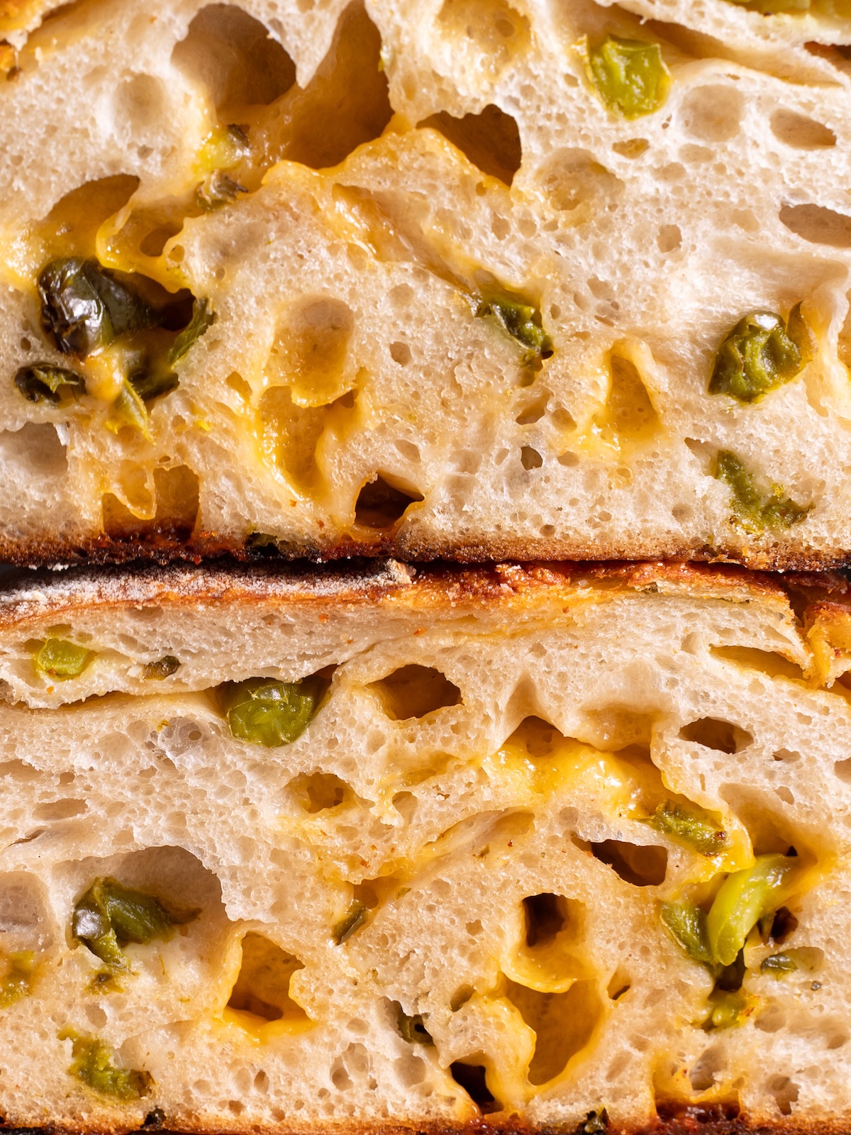 Closeup texture of jalapeño cheddar sourdough bread