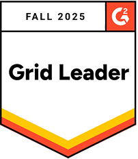 Grid Leader badge for Spring 2025 from G2 with orange, yellow, and red accent stripes at the bottom.