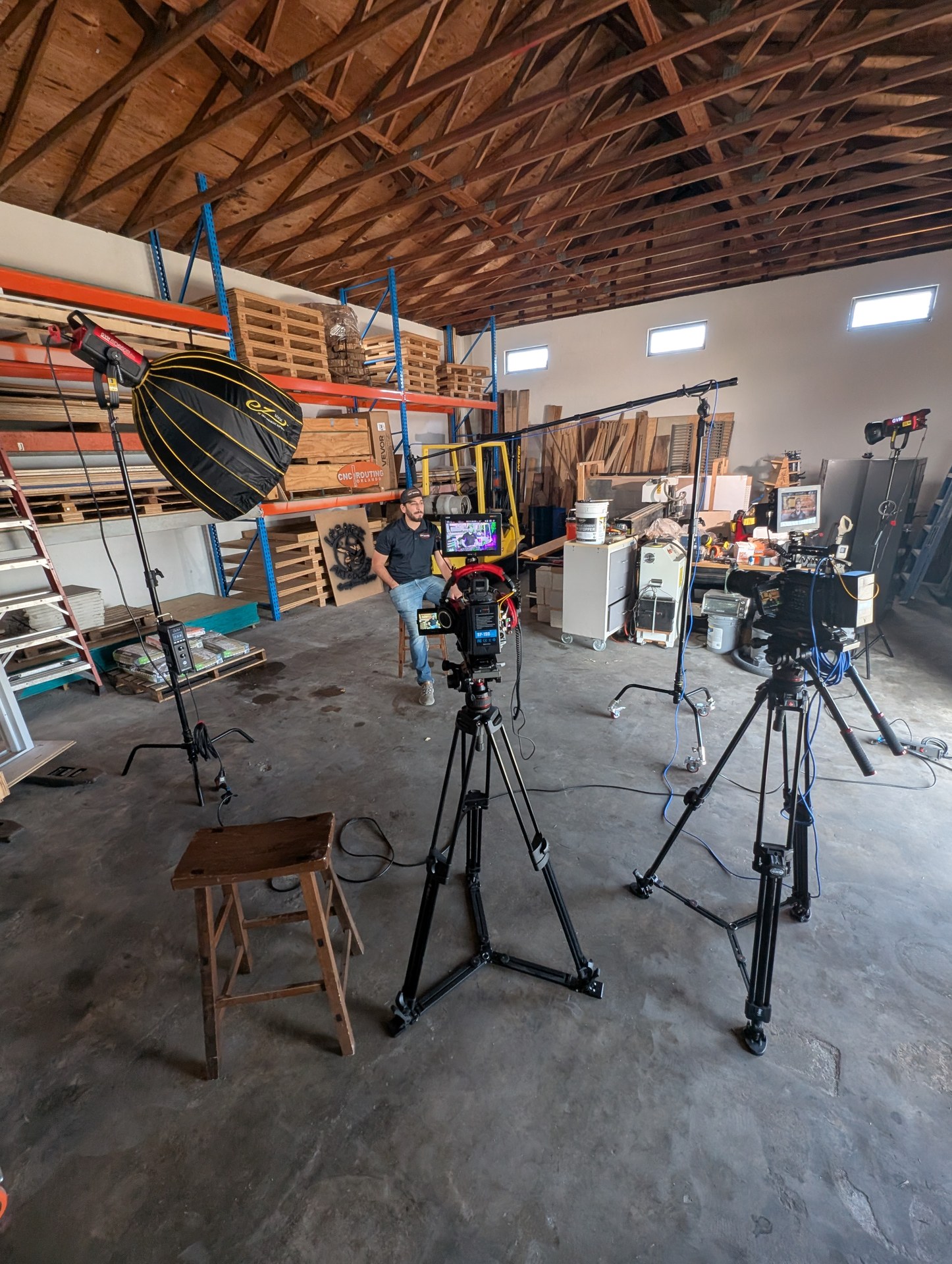 OBT NEXT — Sil's Woodworks, raw warehouse workshop with two cameras and octabox softbox