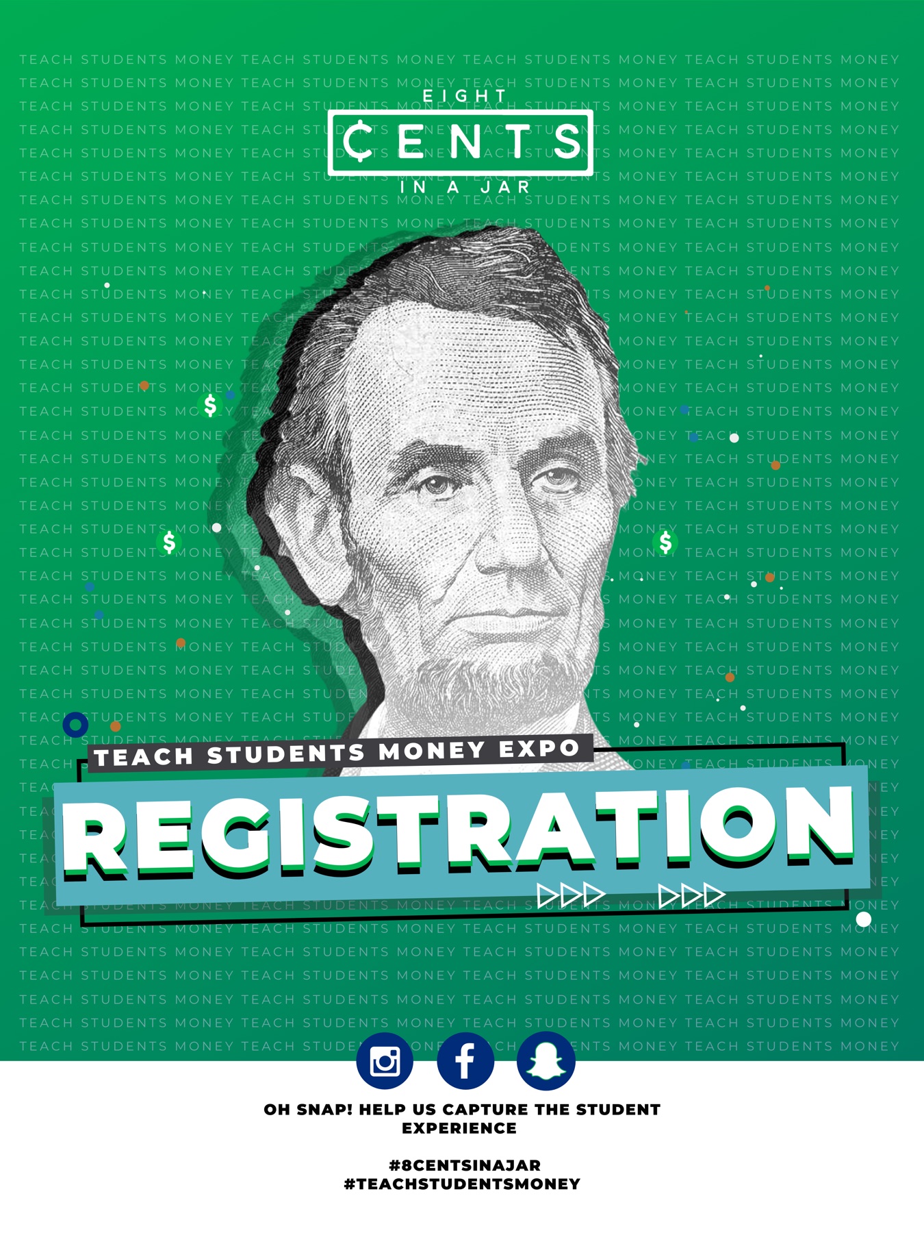 Teach Students Money Expo, registration poster with social media callouts
