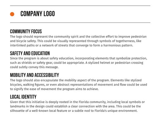 Brand guidelines page detailing the logo design rationale: community, safety, mobility, and local identity