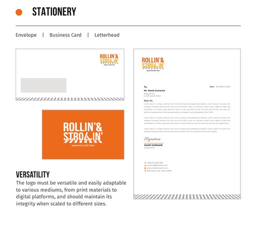 Envelope, business card, and letterhead designs in the Rollin' & Strollin' brand
