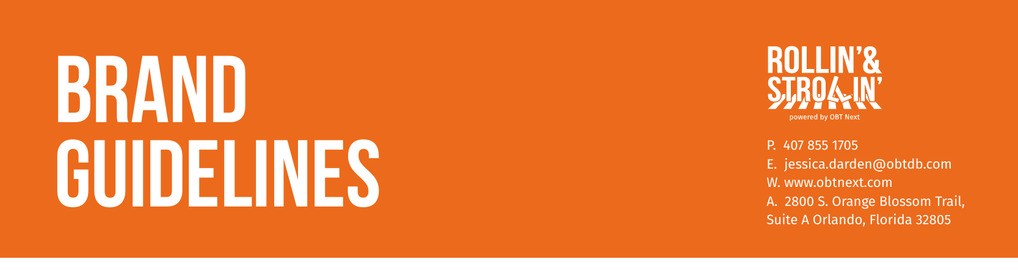 Rollin' & Strollin' brand guidelines cover header with logo and OBT Next contact info