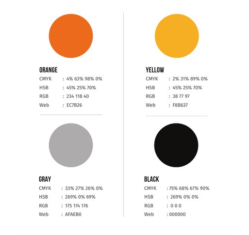 Brand color palette with orange, yellow, gray, and black swatches and full print and web specs