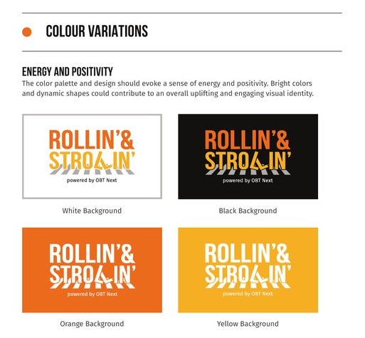 Rollin' & Strollin' logo on white, black, orange, and yellow backgrounds