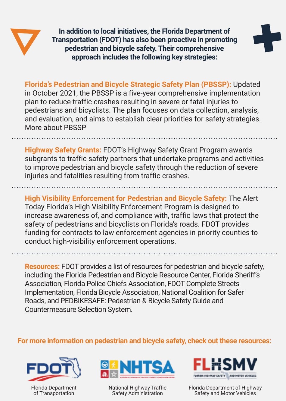Florida DOT safety strategies section with FDOT, NHTSA, and FLHSMV partner logos