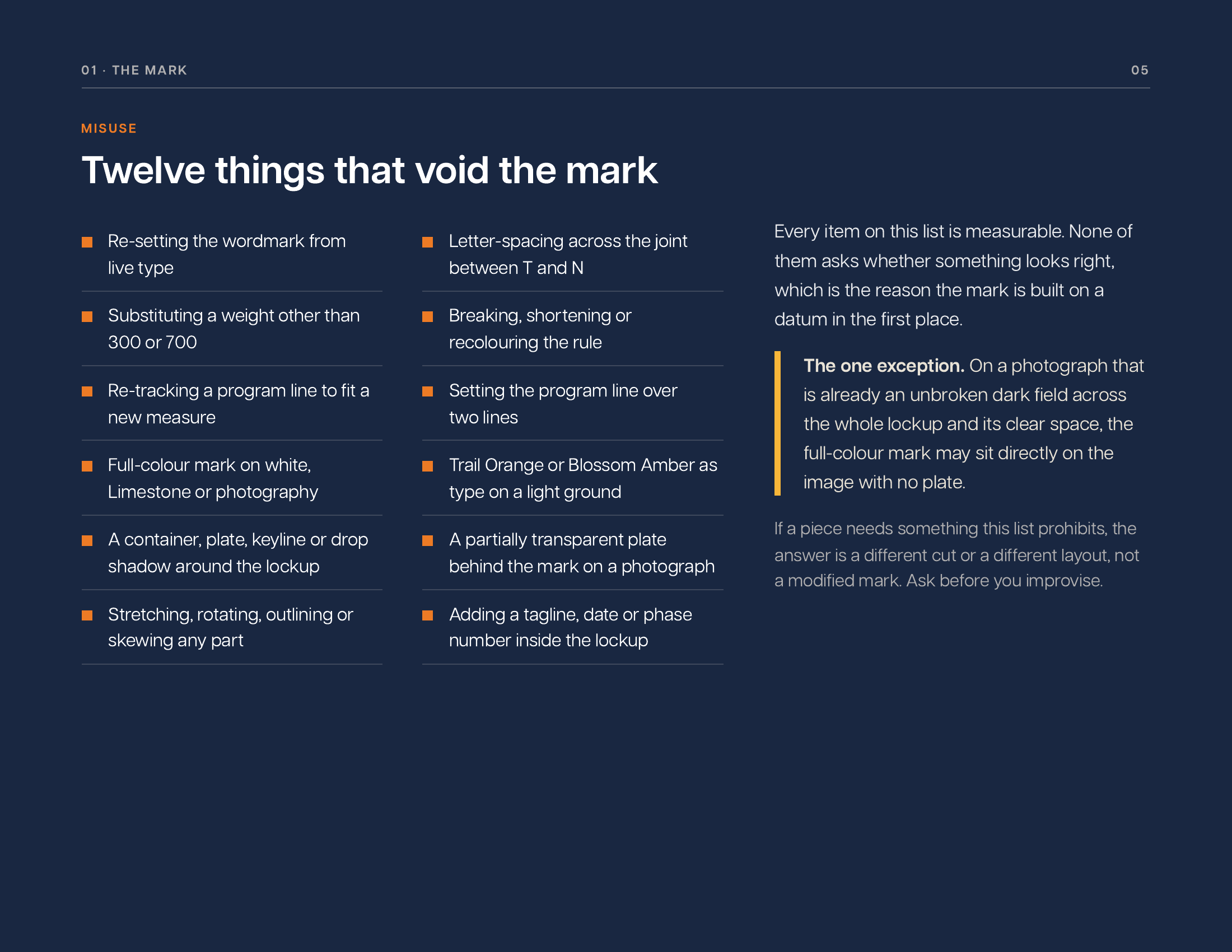 Brand kit page 5, misuse examples showing twelve things that void the mark