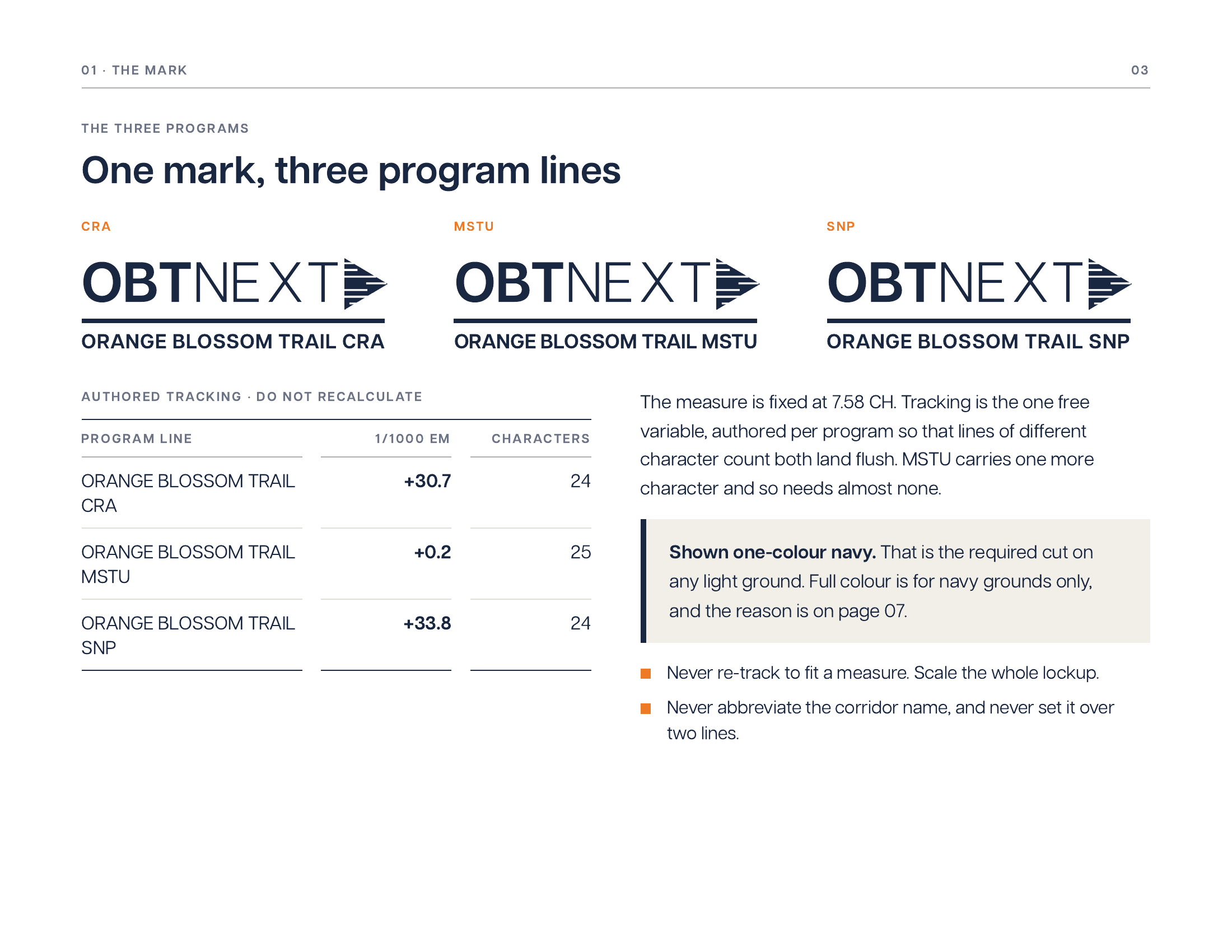 Brand kit page 3, one mark with three program lines for CRA, MSTU and SNP, with the authored tracking value listed for each line