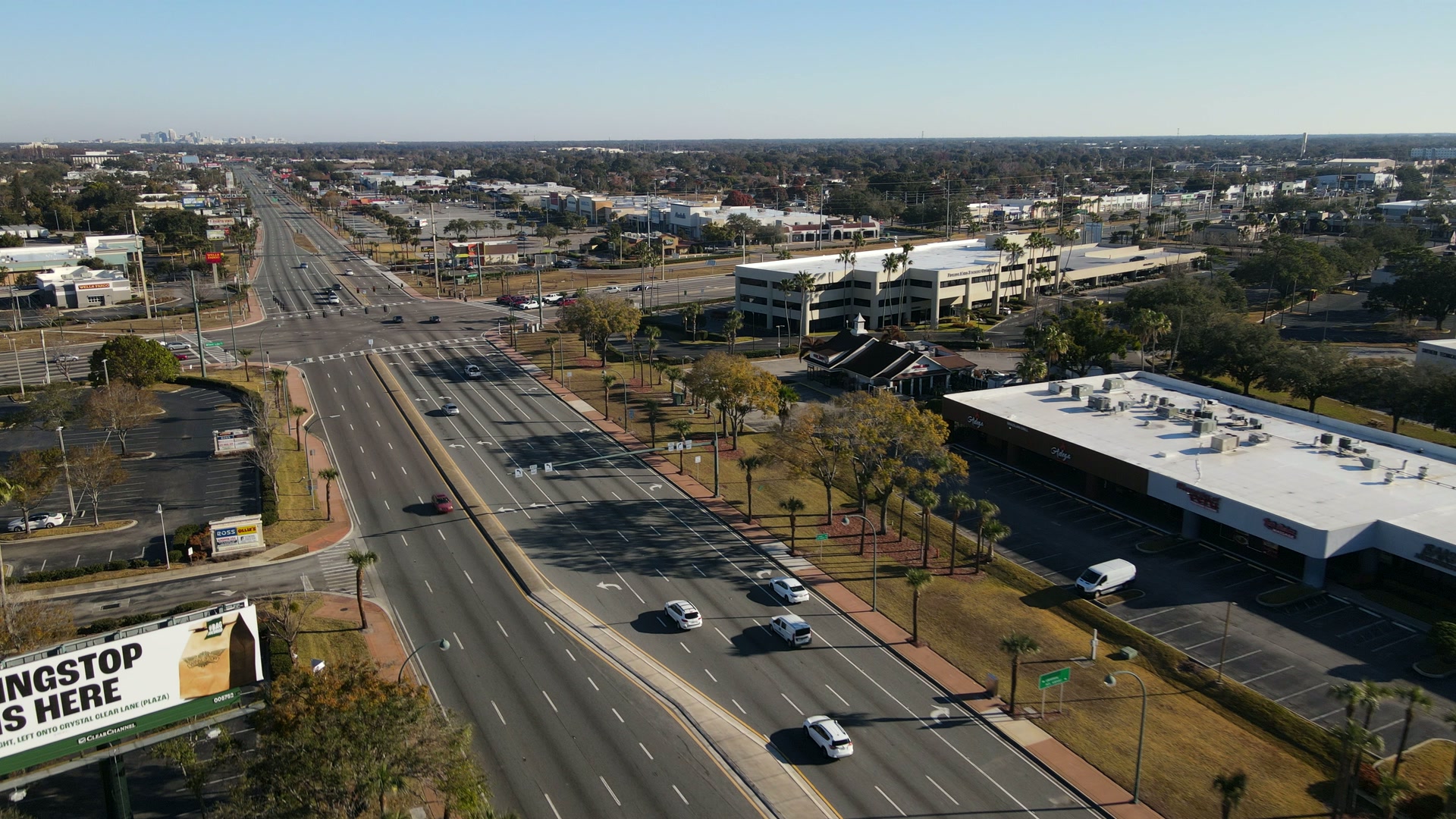 Busy intersection along the Orange Blossom Trail corridor from above