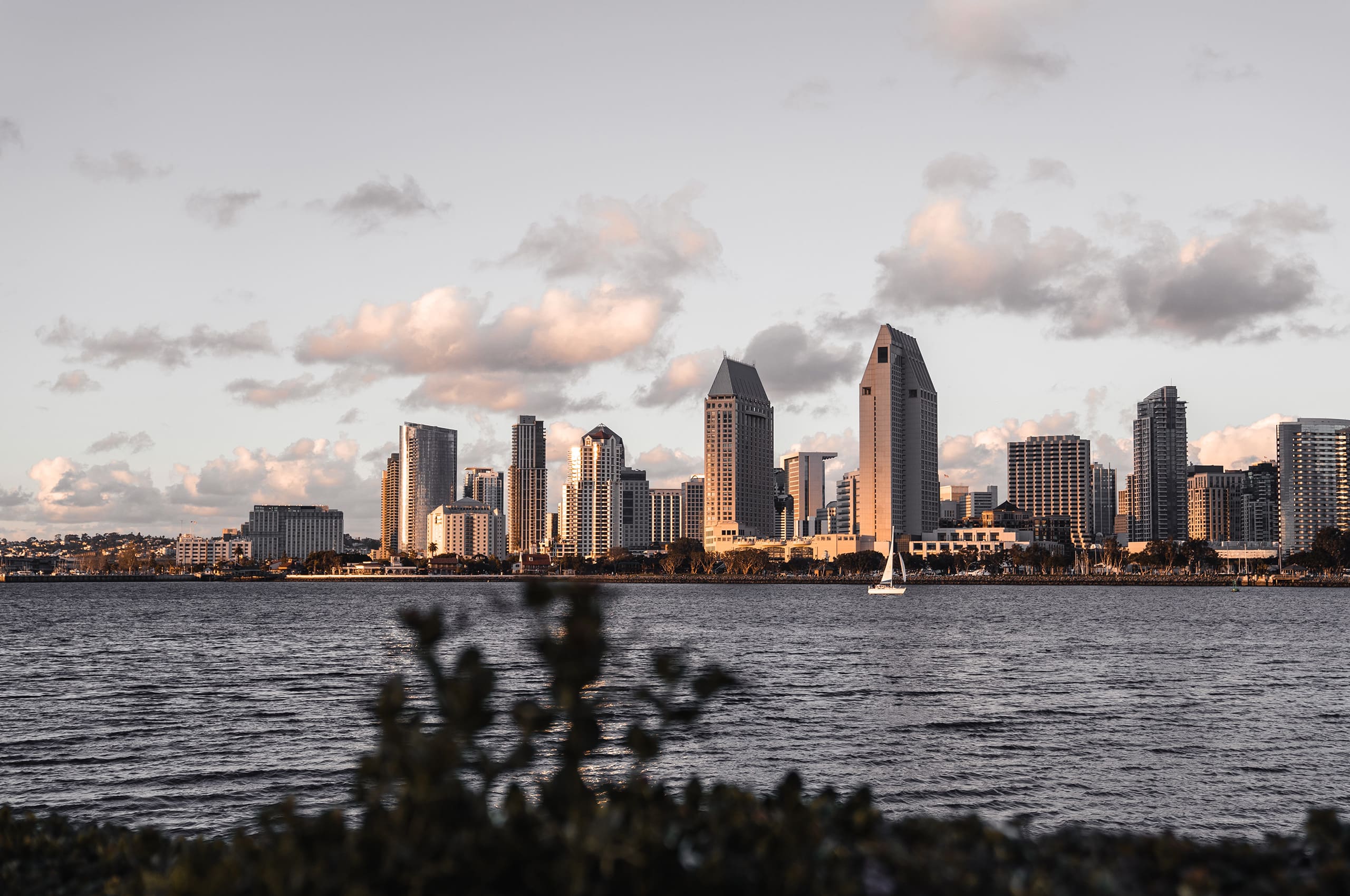 Downtown San Diego skyline across the bay at sunset