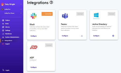 Screenshot of LobbyFox integrations page, showing where to go for setting up.