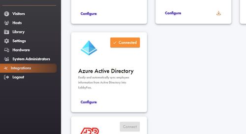 Screenshot of LobbyFox dashboard showing Azure Active Directory Integration