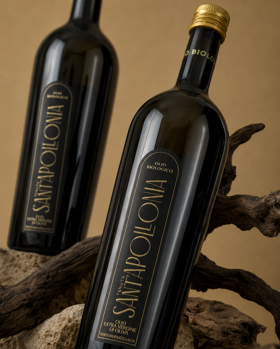 A 3D bottle of olive oil in a naturalistic environment.