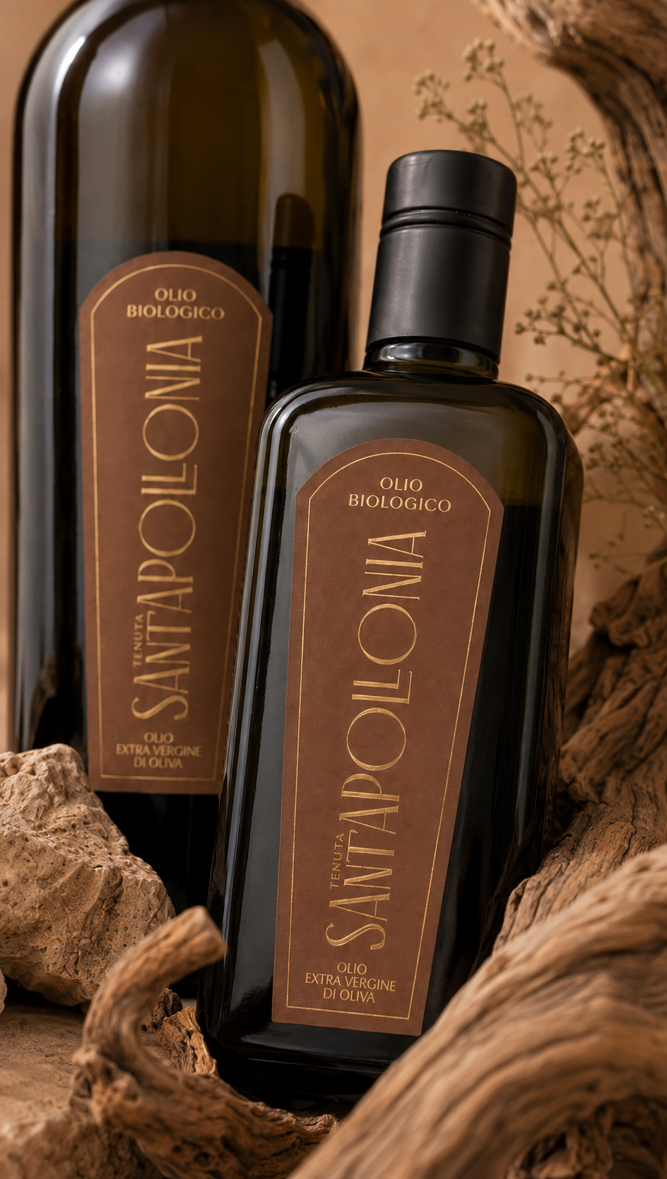 A 3D bottle of olive oil in a naturalistic environment.