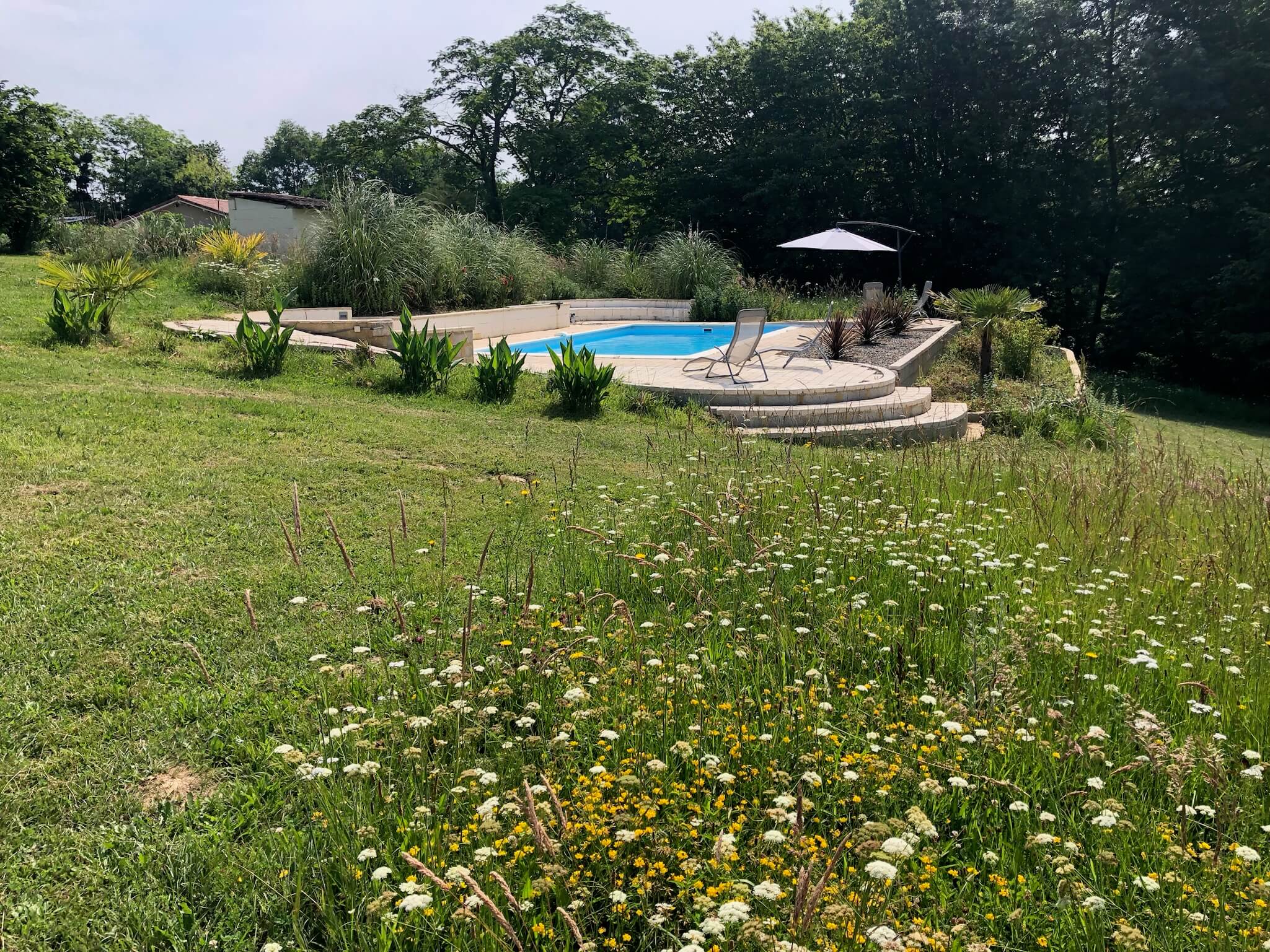 A beautiful garden with a pool and a gazebo.