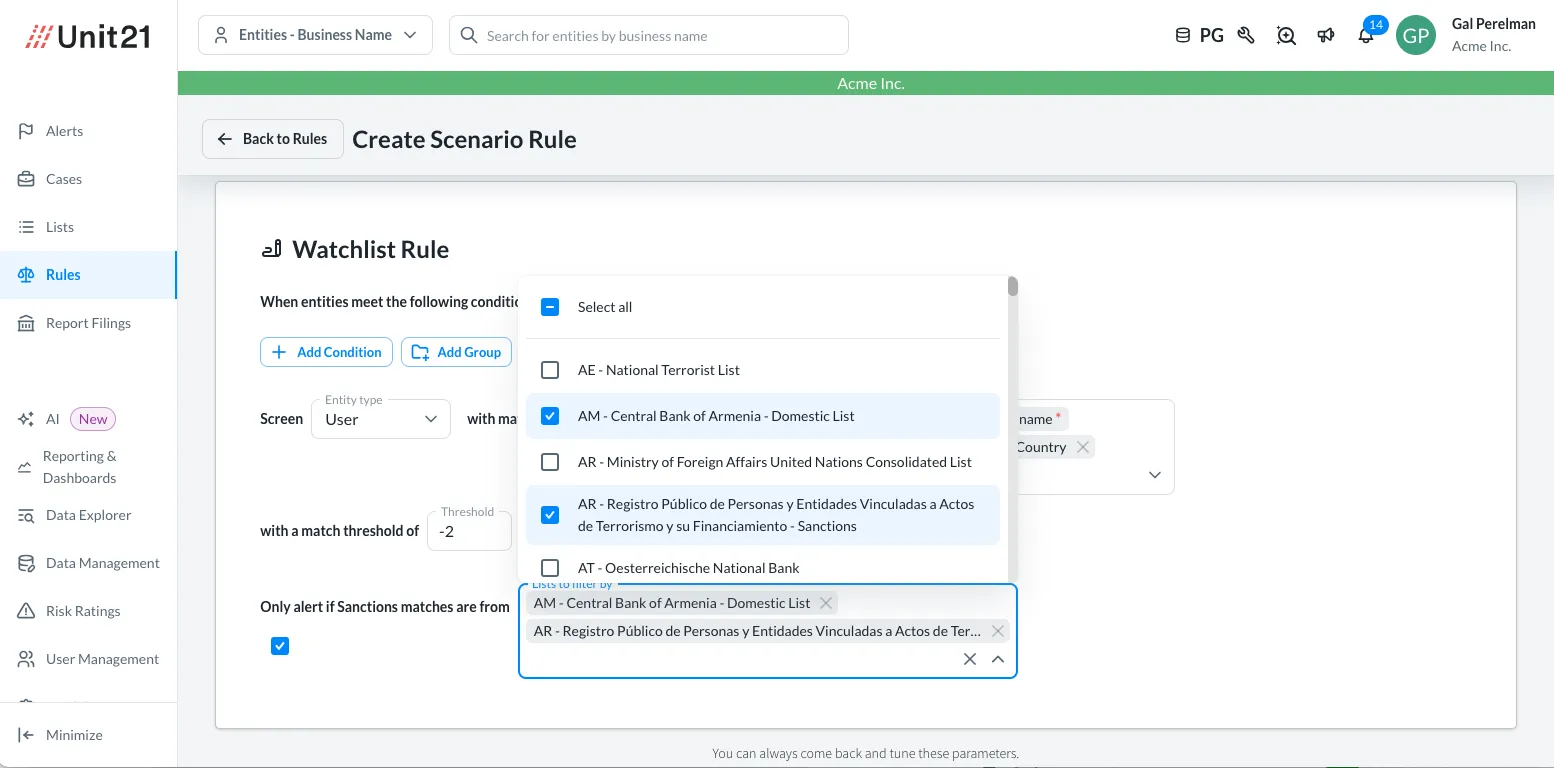 Unit21 software interface showing Create Scenario Rule screen with Watchlist Rule settings, including entity type dropdown and a list of selectable sanction lists with two selected: Central Bank of Armenia and Registro Público de Personas y Entidades Vinculadas a Actos de Terrorismo y su Financiamiento.