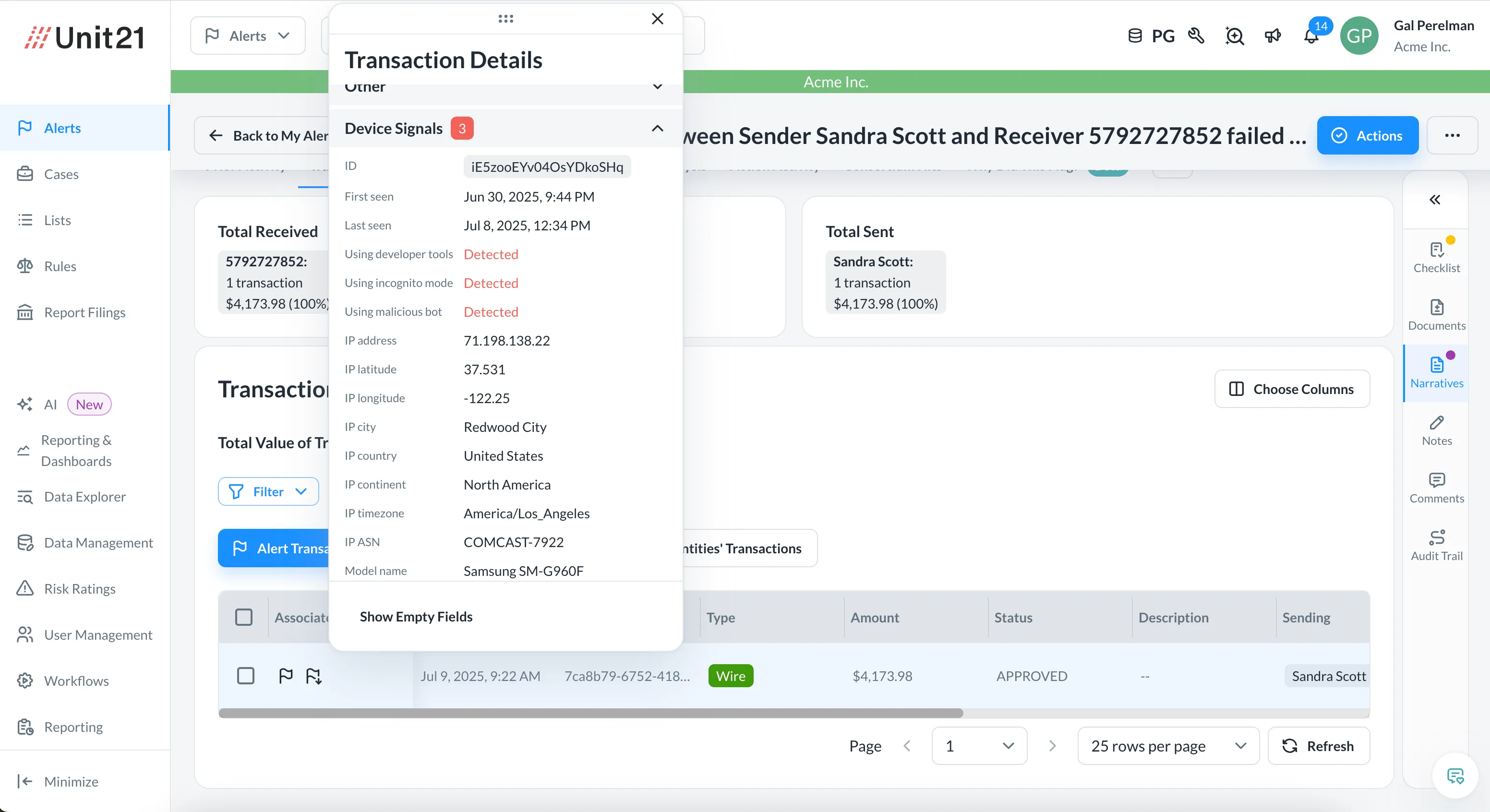 Unit21 interface showing transaction details for a device with detected developer tools, incognito mode, and malicious bot usage, including IP address and location.