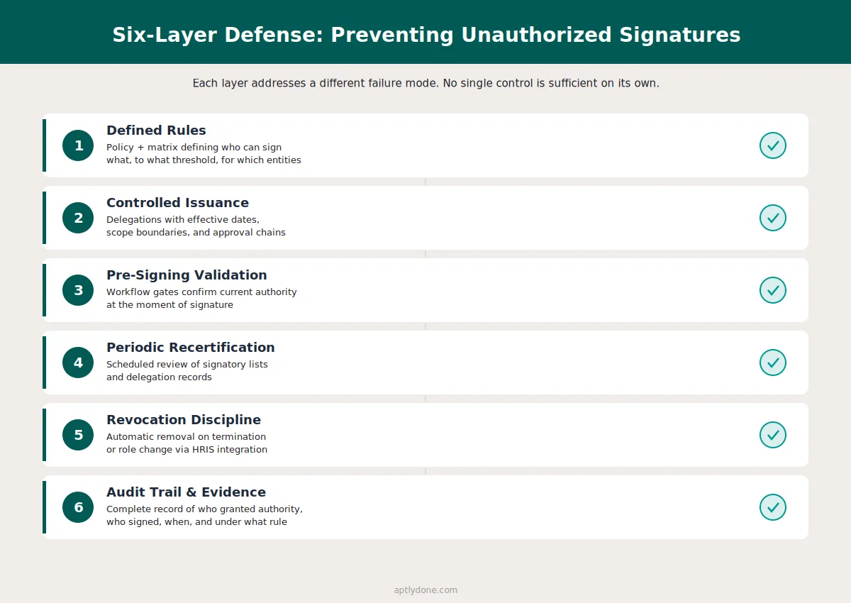 Six-layer defense model for preventing unauthorized signatures, from defined rules and controlled issuance through pre-signing validation, periodic recertification, revocation discipline, and audit trail evidence