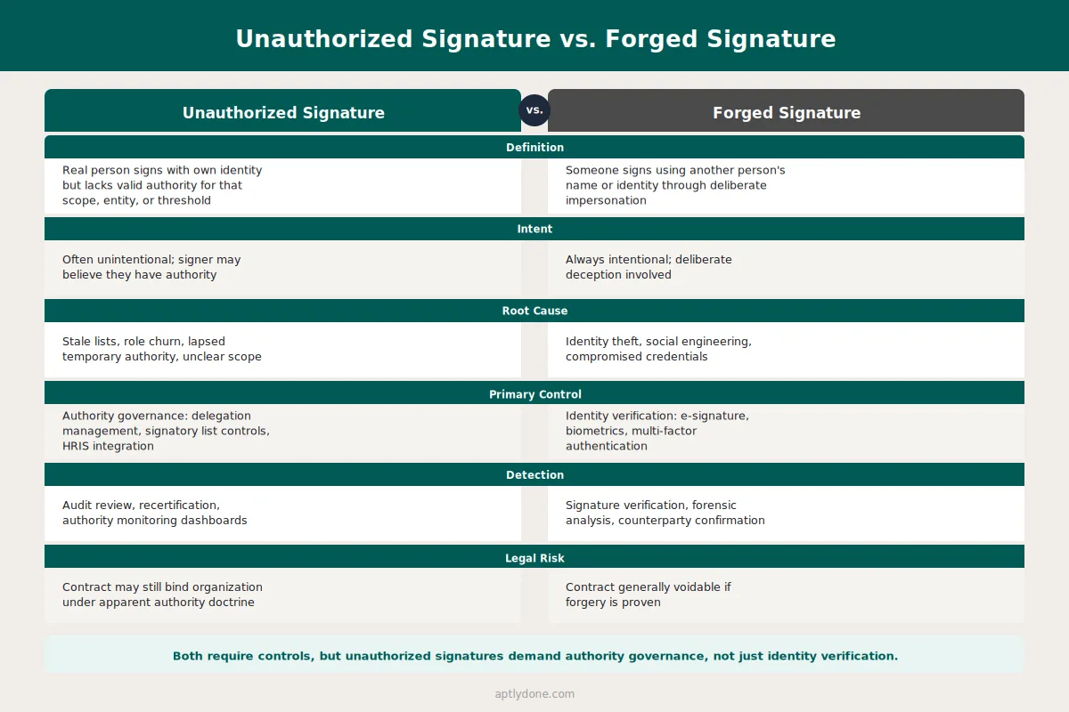 Side-by-side comparison of unauthorized signatures versus forged signatures across six dimensions including definition, intent, root cause, primary control, detection method, and legal risk