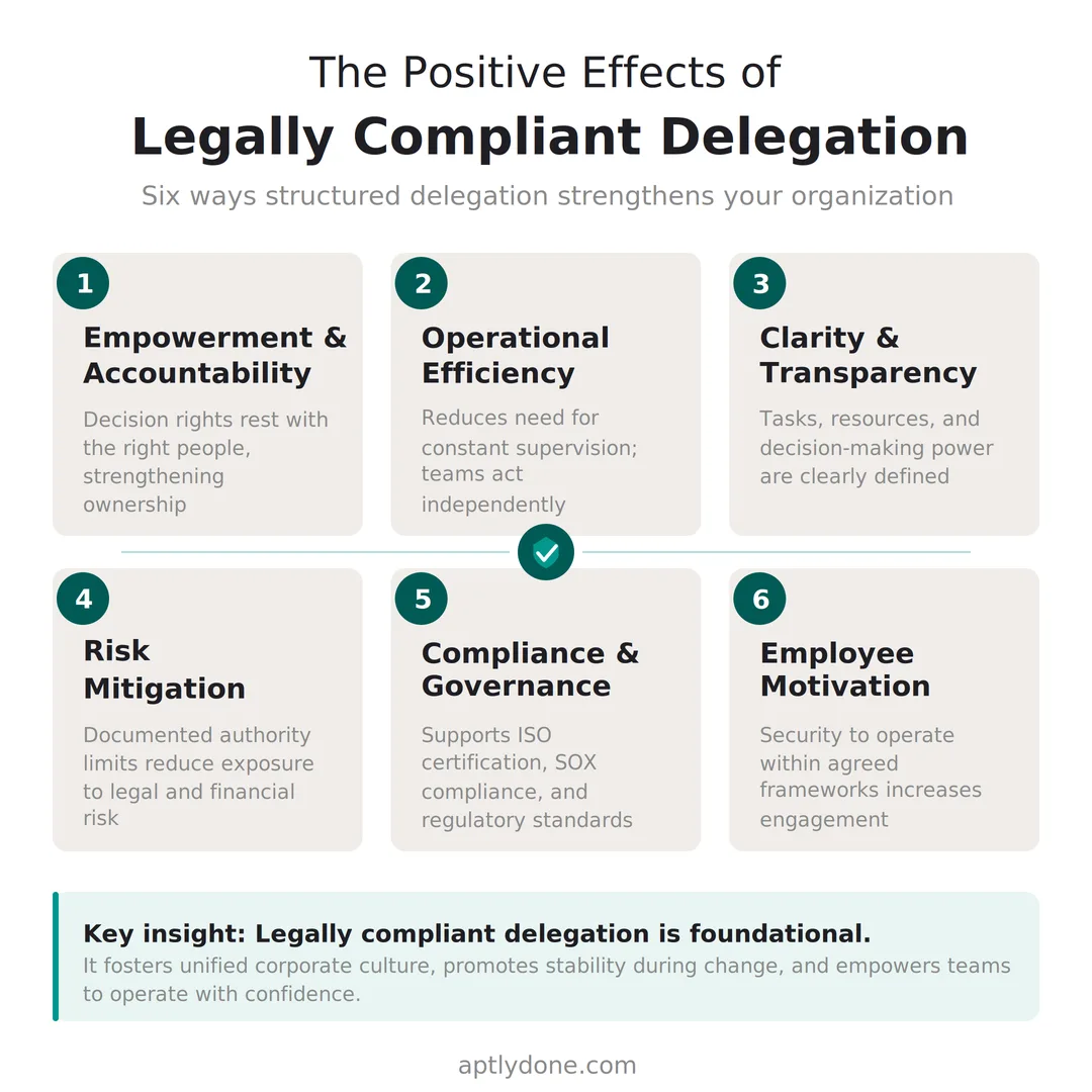 Six positive effects of legally compliant delegation: empowerment and accountability, operational efficiency, clarity and transparency, risk mitigation, compliance and governance, and employee motivation, with key insight that compliant delegation fosters unified corporate culture and stability.
