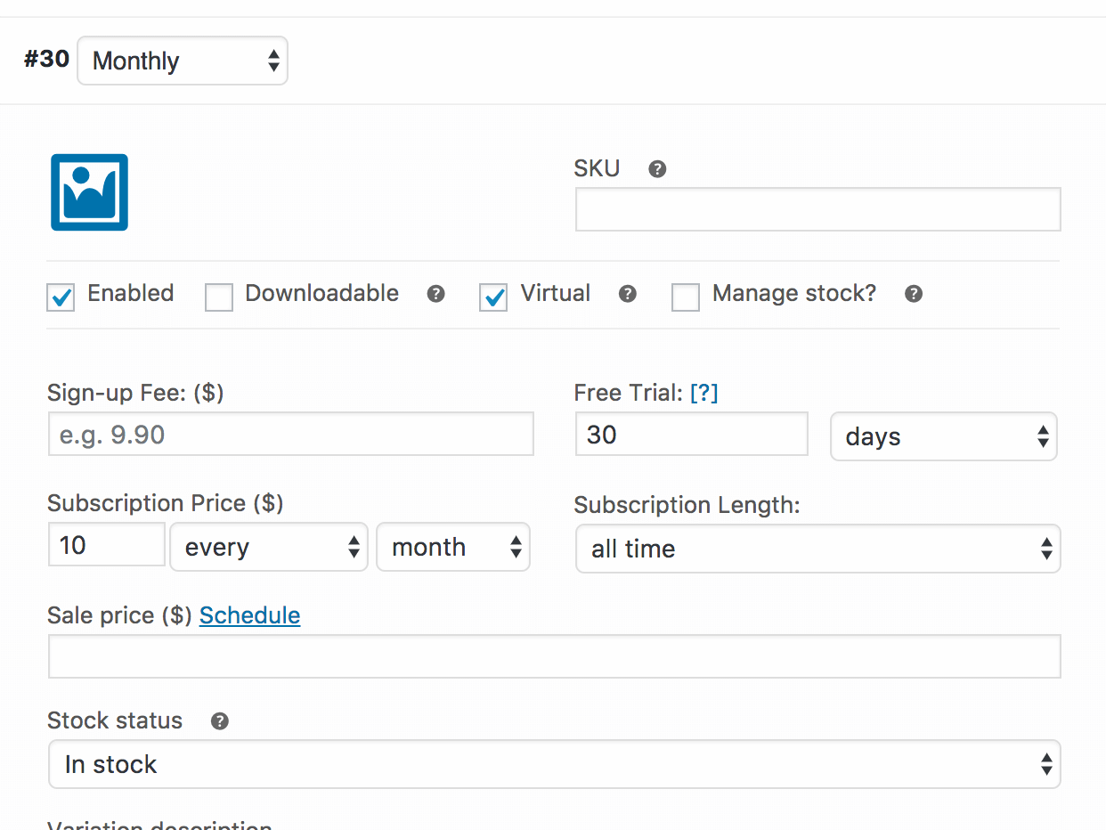 Monthly configuration screen for 30 days