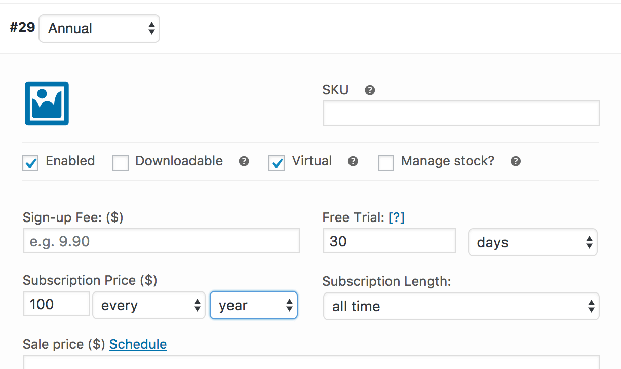 Annual configuration screen for 30 days