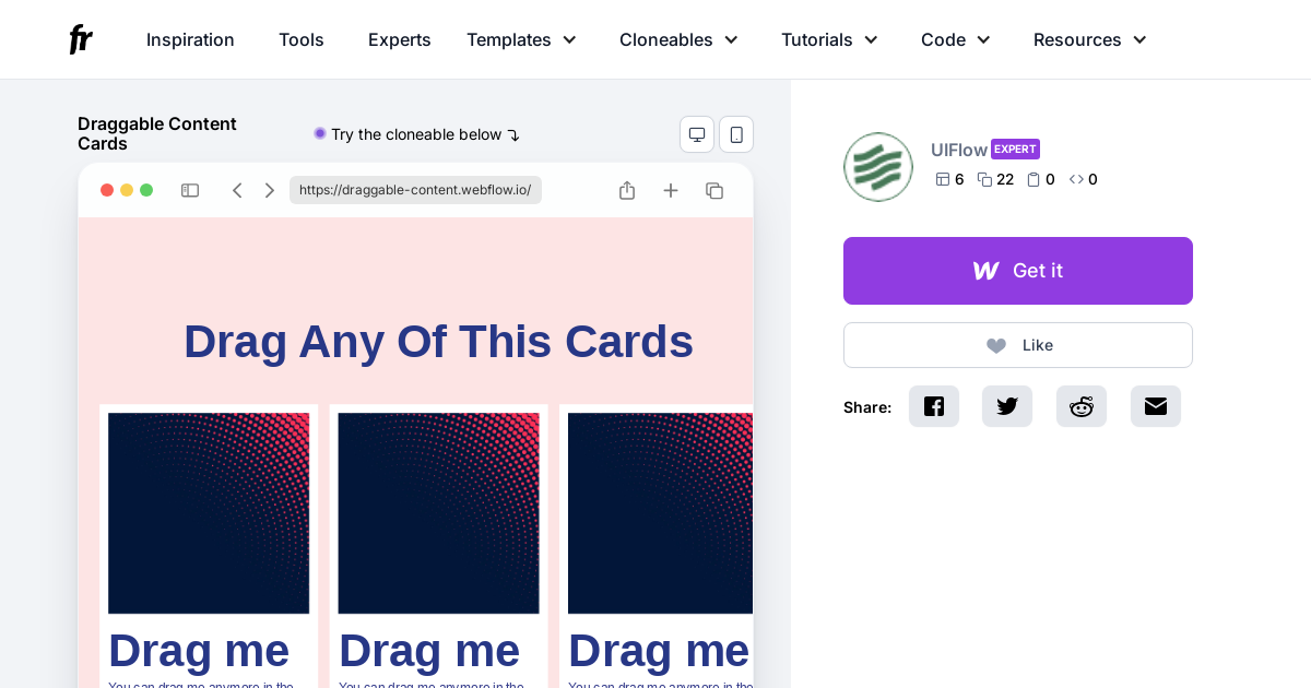 Draggable Content Cards Webflow Cloneable